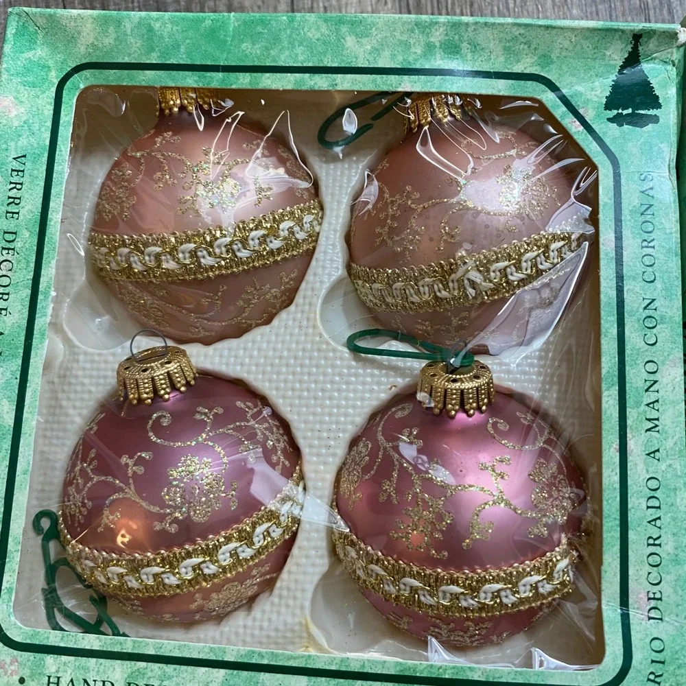 Vintage Christmas by Krebs Pink Gold Glass Ornaments Hand Decorated 12ct 72580